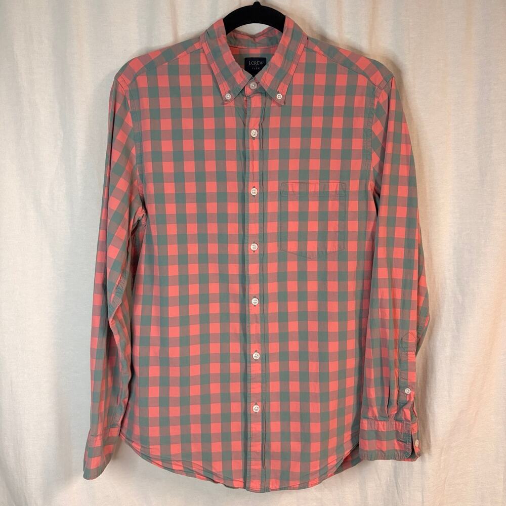 J.Crew Flex Buffalo Check Button Down Shirt Mens Medium Coral Green Stretch